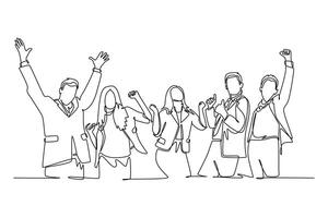 Single continuous line drawing group of male and female manager celebrating their successful achieve business financial target. Team work goal concept. One line draw graphic design illustration vector