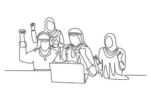 Single one line drawing group of Arabian business people raise hands in front of computer monitor. Happy male female Moslem team worker on job. Continuous line draw design graphic illustration vector