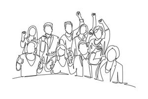 Continuous one line drawing young happy businessman and woman celebrate their success to deal new business agreement. Business meeting team concept. Single line draw design graphic illustration vector