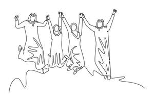 Continuous one line drawing Moslem business people jump together to celebrate increasing company sales target or growth. Group of happy Arab worker. Single line draw design graphic illustration vector