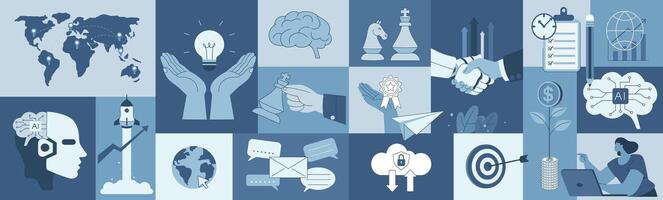 Set of business concepts, Business symbol presentation, Creating new innovations, Application of artificial intelligence, Support or promote marketing, design for social media, web banner. vector