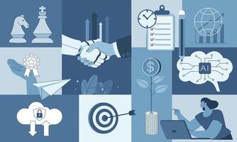 Set of business concepts, Business symbol presentation, Strategic planning, Collaboration for growth and success, Cloud technology and innovation, illustration for social media, web banner. vector