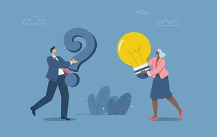 Question or problem with answers or ideas, Creating questions and answering or solving problems, Business solutions, Businessman holding question mark and businesswoman holding light bulb. vector