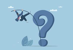 Overcoming business obstacles, Overcome difficult problems, Big obstacles, Businessman pole vaulting over big question mark, design illustration. vector