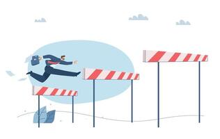 Preparing to overcome obstacles, Overcoming multi-level problems, Business challenges, Businessman jumping over hurdles higher obstacles, design illustration. vector