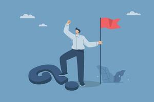 Overcome problems or stress, Conquering pressure by solving important difficult questions, Concepts for dealing with critical business issues, Businessman standing on a big question mark. . vector