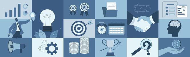 Set of business concepts, Business symbol presentation, Generating returns, Goal management, Planning for growth and success, Marketing promotion, illustration for social media, web banner. vector