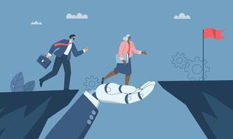 A large robotic hand that helps business team overcome cliffs or obstacles, Support or help solve problems, Support with artificial intelligence, Working with AI. design illustration. vector