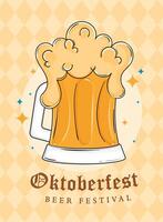 Oktoberfest beer mug with foam on yellow background, vector