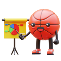 3d baloncesto personaje dando presentación con gráfico tablero adecuado para negocio análisis y márketing estrategias png
