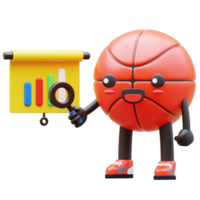 3D Basketball Character Holding Magnifying Glass Pointing At Bar Chart Suitable For Business And Analysis Concepts png