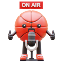3D Basketball Character On Air With Microphone Suitable For Live Broadcasting And Radio Concepts png