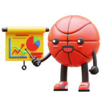 3D Basketball Character Pointing At Mixed Charts Suitable For Data Visualization And Analysis Concepts png