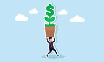 A businessman running while carrying a dollar plant in a pot, an illustration of the security in a company assets allocated for investment. vector