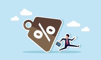 A businessman running to avoid a falling percentage burden, an illustration of a debt offer percentage that does not align with business management system calculations. vector