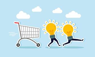 A shopping cart chasing a group of running light bulbs, an illustration of the demand for fresh ideas and innovations to advance business. vector
