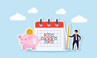 A businessman holding a pencil standing next to a calendar schedule and a piggy bank, an illustration of scheduling for implementing a dollar cost averaging investment system. vector