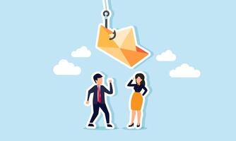 A businessman and businesswoman talking with a hook catching a paper boat, an illustration of discussing alternative solutions in challenging situations. vector