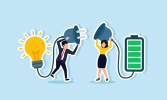A businessman holding a light plug tries to connect it to a fully charged battery socket, illustrating teamwork or a sharing session with partners for resource innovation. vector