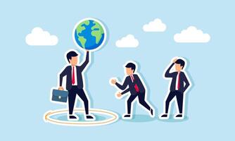 A businessman inside a circle holding a globe while others try to approach, an illustration of a businessman's exclusivity when dominating the market. vector