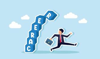 A businessman running to avoid a falling stack of career boxes, an illustration of saving a career or avoiding a risky career promotion. vector