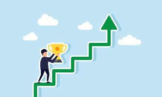 An employee carrying a trophy climbing a chart, an illustration of achievement or recognition for a stellar career. vector
