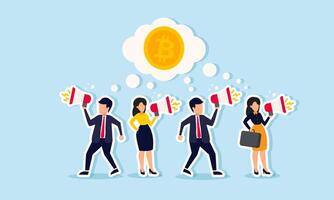 A group of employees promoting Bitcoin with a megaphone, illustrating the promotion or education of the public about investing in Bitcoin. vector