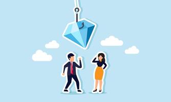 A businessman and businesswoman talking with a hook catching a diamond, an illustration of discussing how to obtain natural resources for a business project. vector