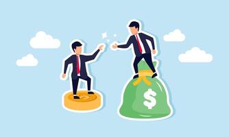A businessman riding a coin asks for help from another businessman riding a money bag, illustrating receiving financial injection or investor support for an appealing business model vector