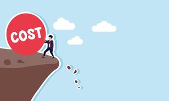 A businessman holds a rolling COST ball on the edge of a cliff, an illustration of the need to recalculate the expenditures made by the business. vector