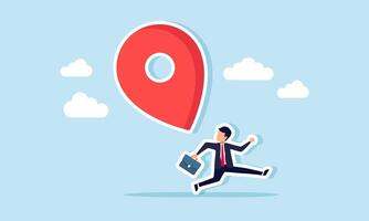 A businessman running to avoid a falling location pin, an illustration of a project location offer that does not align with project management system calculations. vector