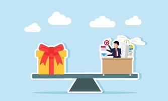 A multitasking employee is on a seesaw with a gift box on the other side, illustrating the rewards given to disciplined and efficient workers. vector