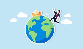 A businessman chasing a paper boat sailing around the Earth, an illustration of catching up in business against a competitor. vector