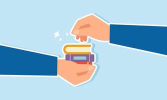 A businessman hand giving a stack of books to another hand, illustrating providing insights, literacy, or guidance for a business or company vector