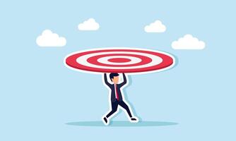 A businessman running while carrying a large target board, an illustration of a businessman's immense ambition or ego in pursuing greater goals. vector