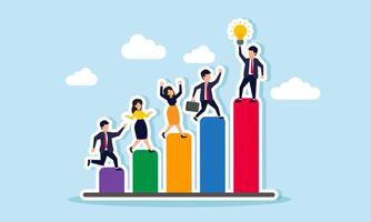 A group of businesspeople stands on different sections of a chart, with the highest one holding a light, an illustration of the competition in innovation and ideas for growth advancement. vector