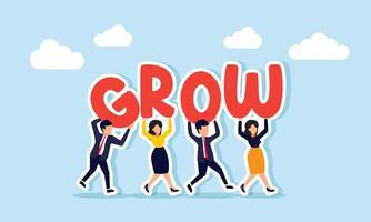 A group of businesspeople marching as if in a protest carrying letters spelling GROW, an illustration of demanding transformation in business management for better operations. vector