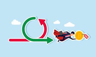 A super businessman flying through positive and negative charts carrying a bitcoin marked with sale, illustrating selling bitcoin due to unpredictable market trends vector