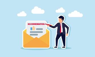 A businessman holding a pencil writing the word recommendation on a letter, an illustration of providing project recommendations to a business partner or giving a reference for a potential employee vector