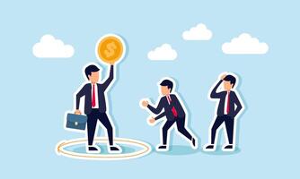 A businessman inside a circle holding a dollar coin while others try to approach, an illustration of the exclusivity of a businessman with substantial assets. vector