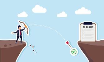 A businessman shoots an arrow at a to-do list but misses as it falls into a chasm, illustrating how miscalculations can lead to project delays and business losses. vector