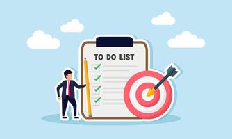 A businessman holding a pencil stands next to a work list and a target board, illustrating step-by-step planning for setting business targets to advance the company. vector