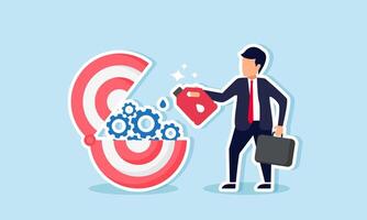 A businessman lubricates the gears of a target board, an illustration of the need to upgrade or maintain targets to stay focused on set objectives. vector