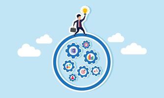 A businessman carrying a lightbulb climbing a management system circle, an illustration of system innovation in a business adopting AI or Artificial Intelligence. vector