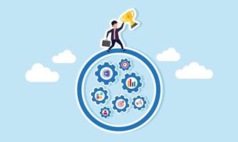A businessman carrying a trophy climbing a management system circle, an illustration of a business company achievement in adopting AI or Artificial Intelligence. vector
