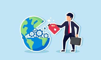 A businessman lubricates the gears of a globe, an illustration of the importance of caring for the environment instead of solely exploiting it. vector