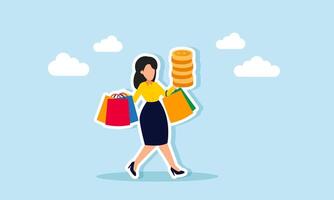 A happy businesswoman carrying a shopping bag and a stack of coins walking casually, an illustration of a hedonistic lifestyle or spending company assets for personal needs. vector