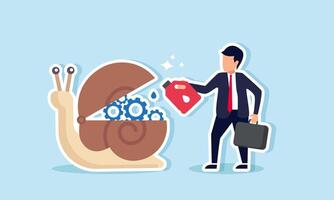 A businessman lubricates the gears of a snail, an illustration of the need for upgrades or maintenance to improve a company's slow growth performance. vector