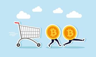 A shopping cart chasing a group of running bitcoins, an illustration of the high demand for collecting bitcoins. vector