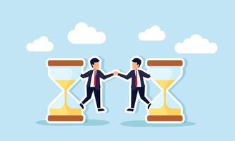 Two businessmen shaking hands while each holding an hourglass, an illustration of an agreement to complete their respective projects on time vector